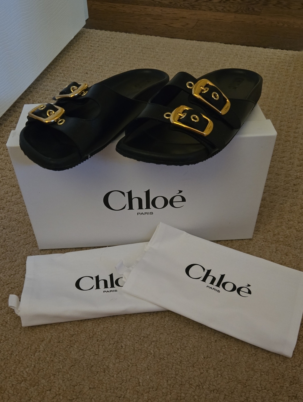 Chloé Black Slide Sandals with Gold Buckles